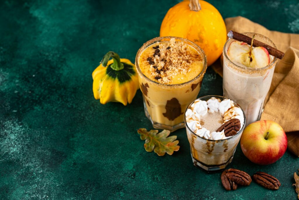 Set of autumn smoothie with pumpkin, apple and pecan