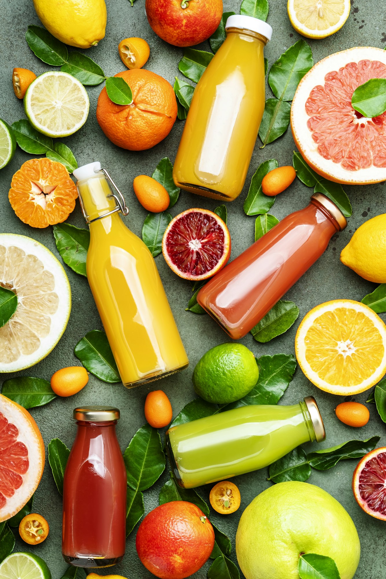 Summer drinks. Citrus fruit juices, fresh and smoothies,top view.